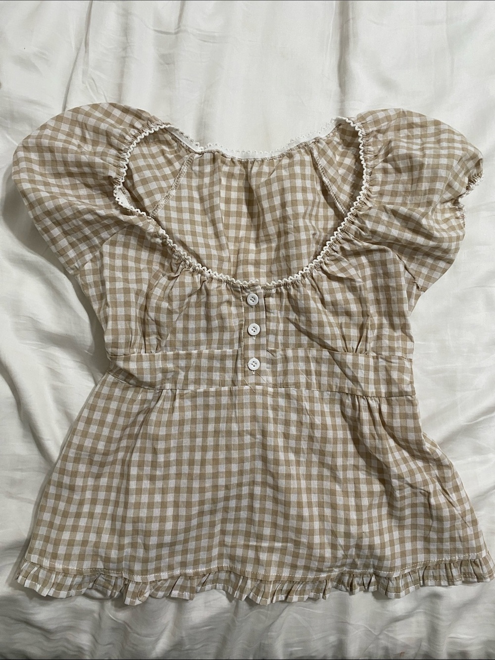 Beige Gingham Puff Sleeve Peasant Top